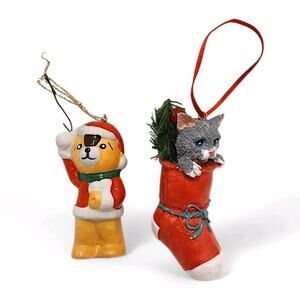 Vintage Ceramic Christmas Tree Ornaments Teddy Bear Cat Granny Cottage Nostalgia